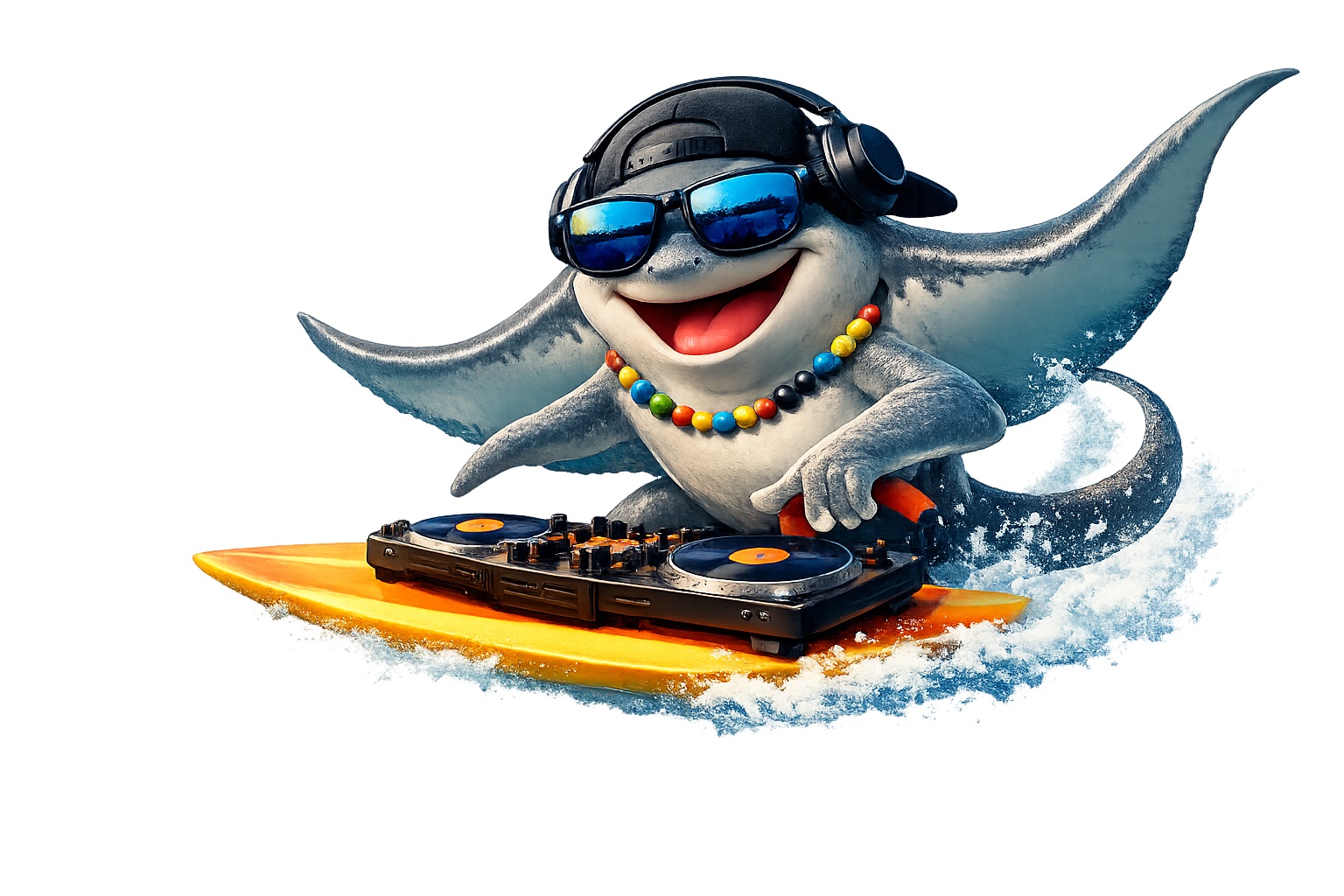DJ Grey surfing with sunglasses